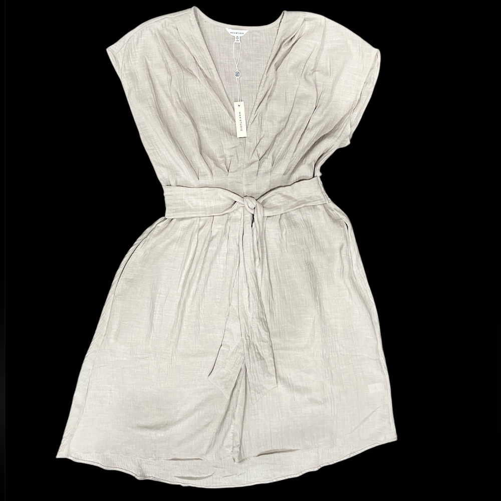 Max Studio V-neck Waist Tie Dress (cobblestone/ tan) read description - Picture 3 of 8